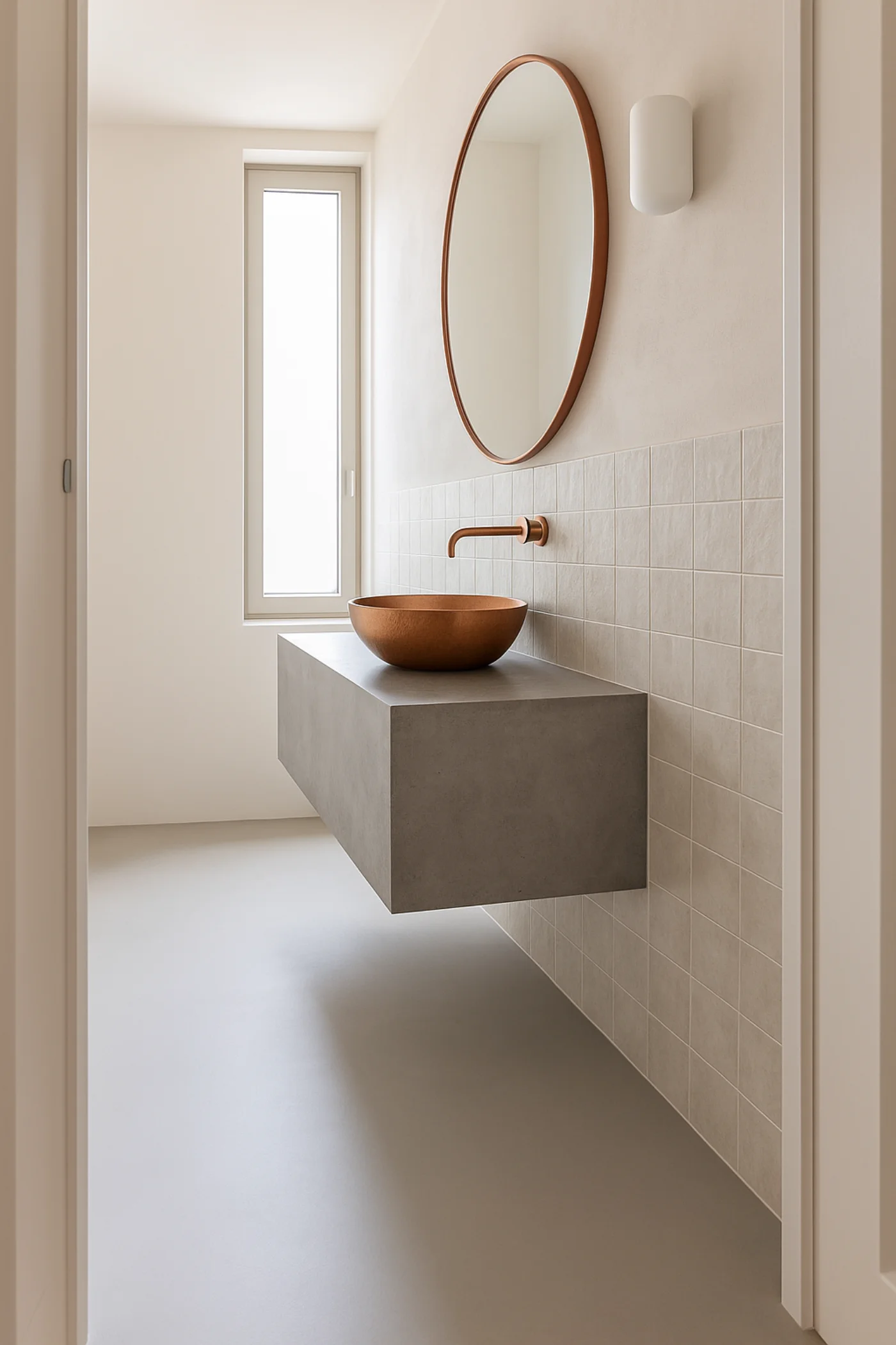 Badezimmer mit Lavasteen-Oberfläche auf Boden und Wand, Easydrain-Ablauf im Duschbereich