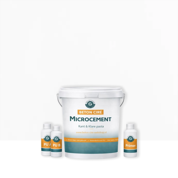 Microcement Cement 1 — emmer met premixed pasta, PU-topcoat en primer