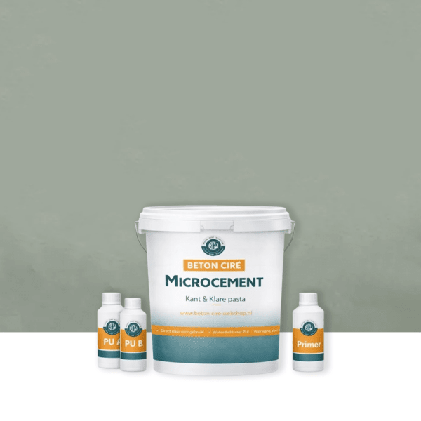 Microcement Green 6 — دلو يحتوي على معجون جاهز، طبقة علوية PU وبرايمر