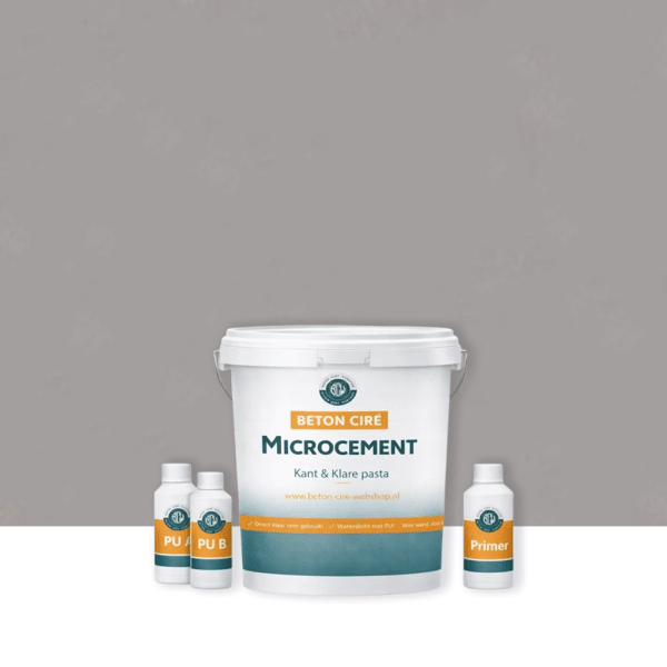 Microcement Lavender Grey 5 — emmer met premixed pasta, PU-topcoat en primer