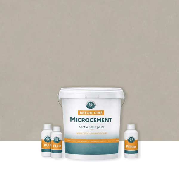Microcement Warm Grey 2 — emmer met kant-en-klare pasta, PU-topcoat en primer