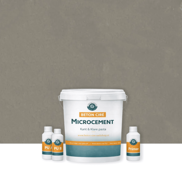 Microcement Warm Grey 4 — emmer met premixed pasta, PU-topcoat en primer