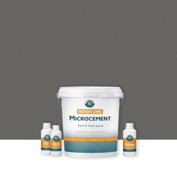 Microcement Warm Grey 5 — دلو يحتوي على معجون جاهز، طبقة علوية PU وبرايمر
